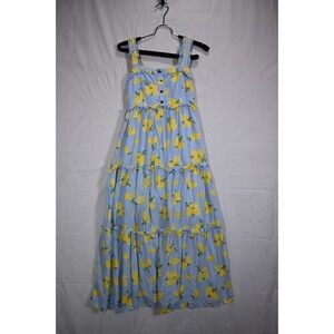 Nom Lemon Print Maxi Dress XS Blue Yellow Tiered Ruffle Summer Fairy
